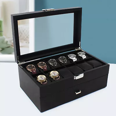 24 Slots Mens Watch Box Case Organizer Watches Jewelry Storage With Valet Drawer • $46.55