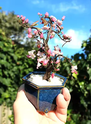 Vintage Asian Glass Jade Bonsai Tree Pink Floral Pot 7.5  Tall Small Flowers • $24.99