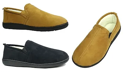 New Men's Classic Moccasin Slipper Rubber Bottom Suede Faux Fur Slip On-0220 • $14.98