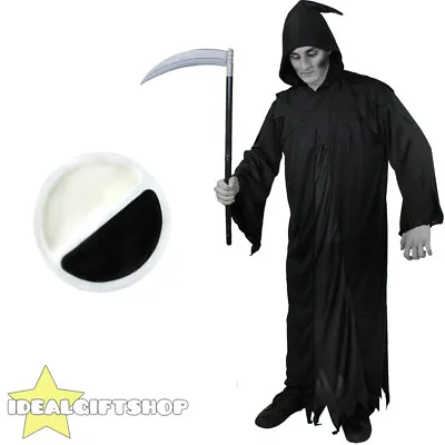 Adults Grim Reaper With Face Paint And Scythe Halloween Fancy Dress Costume • £12.99