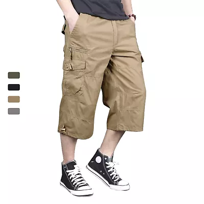 Men's Long Elastic Cargo Shorts Below Knee 3/4 Cotton Casual Outdoor Hiking Pant • $23.98