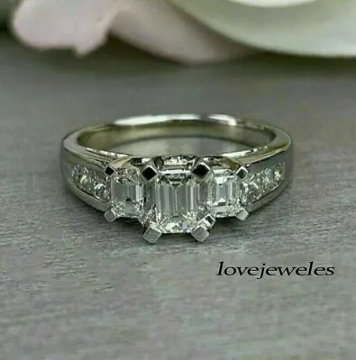 3 Stone 2CT Emerald Cut Real Moissanite 925 Silver Engagement Wedding Ring • $157.23