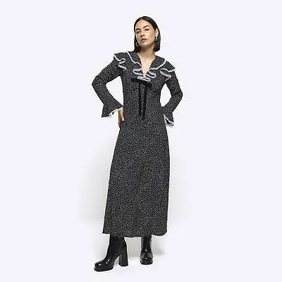 River Island Womens Maxi Dress Black Spot Frill Long Sleeve V-Neck Tie Detail • £18