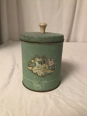 Vintage Floral Turquoise Tin Canister Kitchen Storage Container 5.25” • $19.99