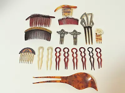 (18) Lot Vintage Hair Combs Forks Clips Enamel Faux Tortoiseshell Stones LOOK! • $34.50