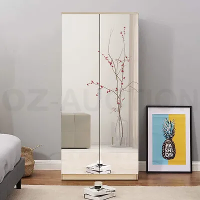 Mirrored 2 Door Oak Wardrobe Dresser With 2 Drawers 3 Storage Shelves Cabinet • $239.95