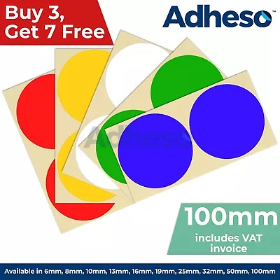 Adheso 100mm Coloured Dot Stickers Round Sticky Dots Adhesive Circles Labels • £0.99