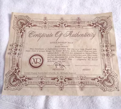 Xavier Roberts Little People Pals Certificate Of Authenticity 1982 • $8.88