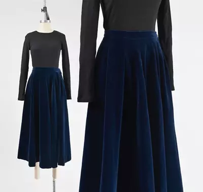 VIntage 70s Navy Blue Cotton Velvet Skirt High Waisted Full Circle Midi Skirt S • $56