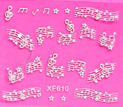 3D Nail Musical Note Staff Stave Notation Tiny Star Art Stickers Silver 610 • $2.74