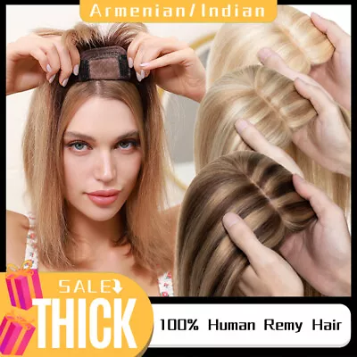 Women Remy Human Hair Topper Toupee Clip In Hairpiece Silk Base Top Piece THICK • £39.01