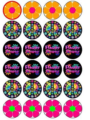 60's Sixties Groovy Flower Power Toppers Wafer Or Icing Cupcake X 24 Decoration • £4.72
