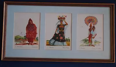 3 Framed Lithographs Mexican Artist Valdio Sera Padlanta Ver - Native Costumes • $125