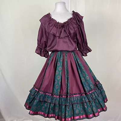 Square Dance 2pc Dress Outfit Green Paisley Contrast Skirt Satin Blouse  • $99