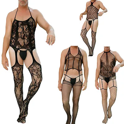 Men's Hollow Out Fishnet Full Bodysuits Stockings Pantyhose One Piece Jumpsuit  • £9.59