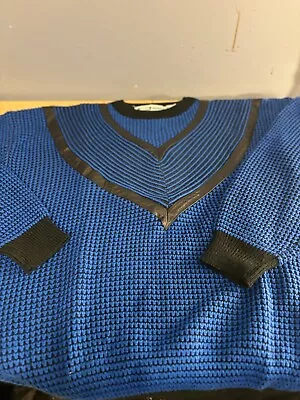 Vintage 80's Mens Sweater Leather Royal Blue Black Urban Works Very Nice • $32.88