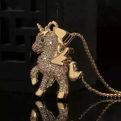 1.5Ct Round Natural Moissanite Unicorn Pendant 14K Yellow Gold Plated Silver 18 • $254.40