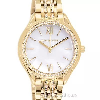 Michael Kors Mindy Womens Gold Glitz Watch White MOP Dial Pave Crystals Band • $102.94