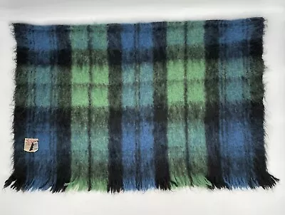 VTG Glen Cree Scotland 100% Mohair Throw Blanket 39 X27  Plaid Green Blue Fringe • $25.99