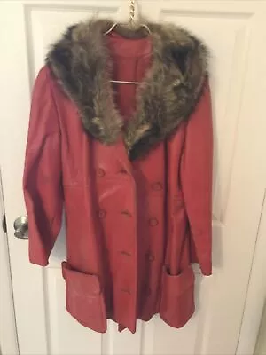 Vintage Red Leather 60’s Raccoon Collar Size Small Double Breasted • $20