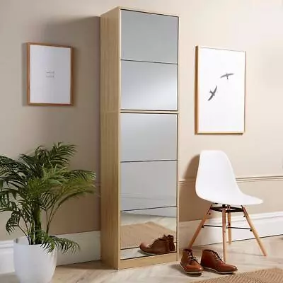 6ft Oak Shoe Cabinet Mirrored Storage Cupboard Footwear Stand Rack Organiser • £119.99