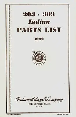 1932 -  203 & 303 Indian Motorcycle Parts List - Antique Reproduction • $52.81