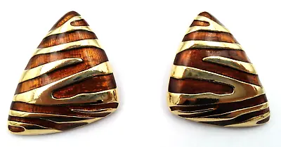 Vintage~~Stunning Goldtone & Brown Enameled Clip-On Triangular Earrings Heavy • $10.46