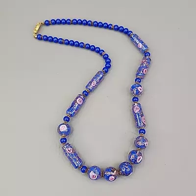 Venetian Beaded Necklace Vtg Blue Art Glass Round Pink Flowers Aventurine 24  • $49.99