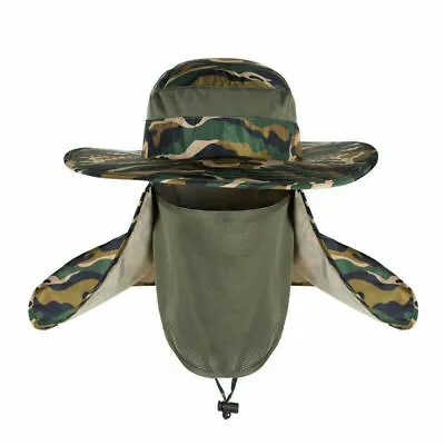 Men Bucket Hat With Neck Flap Face Protector Hat Wide Brim Fishing Hunting Cap • £7.40