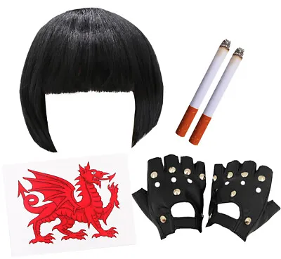 Nessa Jenkins Costume Black Bob Wig Welsh Dragon Tattoo Cigarettes Fancy Dress • £12.99