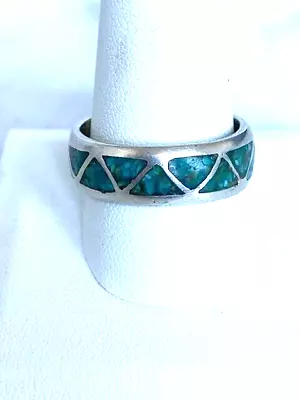 Mens 925 Sterling Silver  Turquoise Inlaid Band Ring Size 12.25 • $39