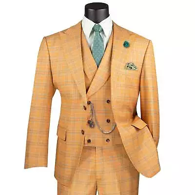 VINCI Men's Orange Plaid Peak Lapel 3 Piece 2 Button Modern Fit Suit NEW • $140