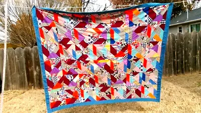 Vtg 1940's 63x74 Handmade Cotton Feed Sack Fabric + Patchwork Scrap Crazy Quilt • $49.99