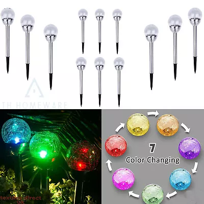 Solar Powered Colour Changing Led Globe Crackle Glass Ball Garden Stake Lights • £29.95