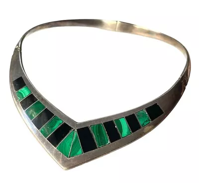 Vintage Sterling Silver Taxco Necklace Inlay Malachite Onyx Big • $299.99