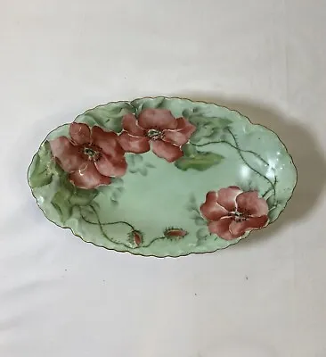 VTG HABSBURG CHINA Hand Painted Red Flowers Greenery Serving Dish Gilt Scalloped • $16