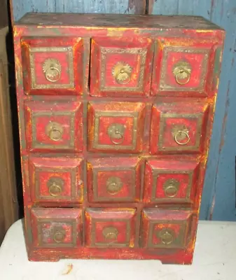 Antique Vintage 12 Drawer Wall Cupboard With Brass Handles & Trim • $69.99