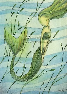 ACEO PRINT - SHY MERMAID - Sea Ocean Children Girl Fantasy Art Painting Artprint • $5