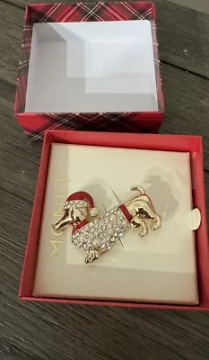 Monet Christmas Dachshund Weiner Dog Pin Gold Tone Rhinestones & Faux Pearls • $16