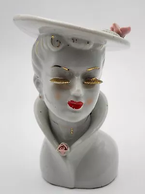 Vintage LADY HEAD VASE White And Gold And Hat With Pink Flowers-GOLD EYE LASHES • $30