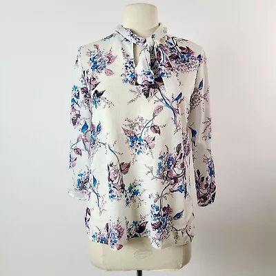 Vintage 70s 80s Secretary Blouse S Pussy Bow Neck Tie White Purple Blue  Floral • $28.99