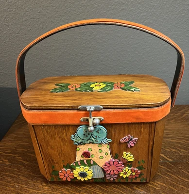 $22.50 • Buy Vintage Mushroom Hand Painted Wooden Box Purse 70s Mushroom Flowers Birds Boho
