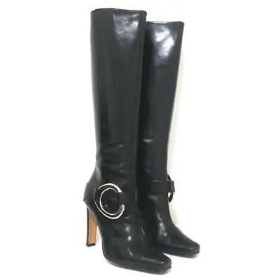 Manolo Blahnik Metal Ring-Embellished Knee High Boots Black Leather Size 39 • $395