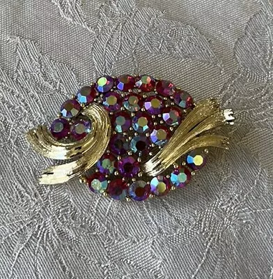 Vintage Signed Lisner Ruby Red AB Rhinestone Gold Tone Swirl Leaf Brooch • $7.99