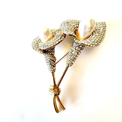 Vintage MASSIVE Gold Tone Faux Pearl Rhinestone Calla Lily Flower Brooch 4 X 3  • $28.95