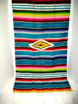 1920s SALTILLO SERAPE TURQUOISE FINE WOVEN RUNNER MEXICAN KNOTTED FRINGE MINT • $131.39