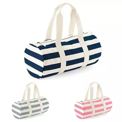 Striped Barrel Bag Gym Sports Travel Cotton Canvas Zipped Holdall Duffle  • £19.99