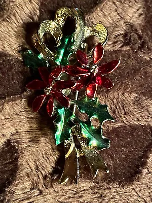 Vintage Gold Tone Red Green Enamel Ribbon Bow Poinsettia Christmas Brooch Pin • $5.99