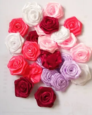 20 Satin Ribbon Flowers  Rosebuds 3cm 30mm5colours Scrapbook Card Applique Dress • £2.99
