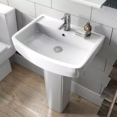Nuie Bliss Modern Basin & Full Pedestal Square 1 Tap Hole White Bathroom Sink • £89.95